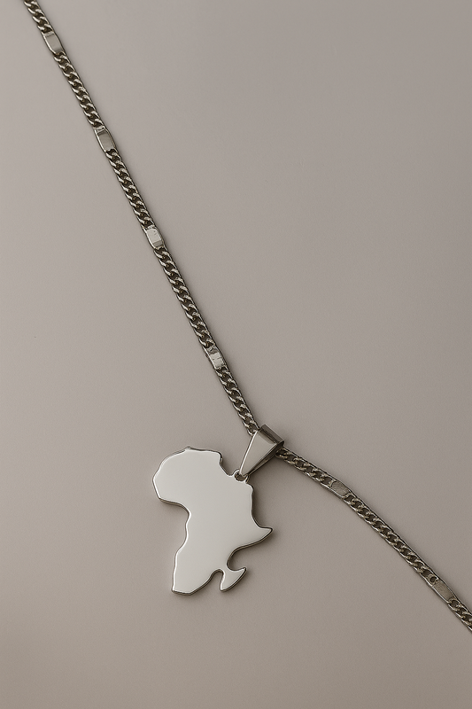 Necklace with a pendant shaped like a map of Africa on a beige background